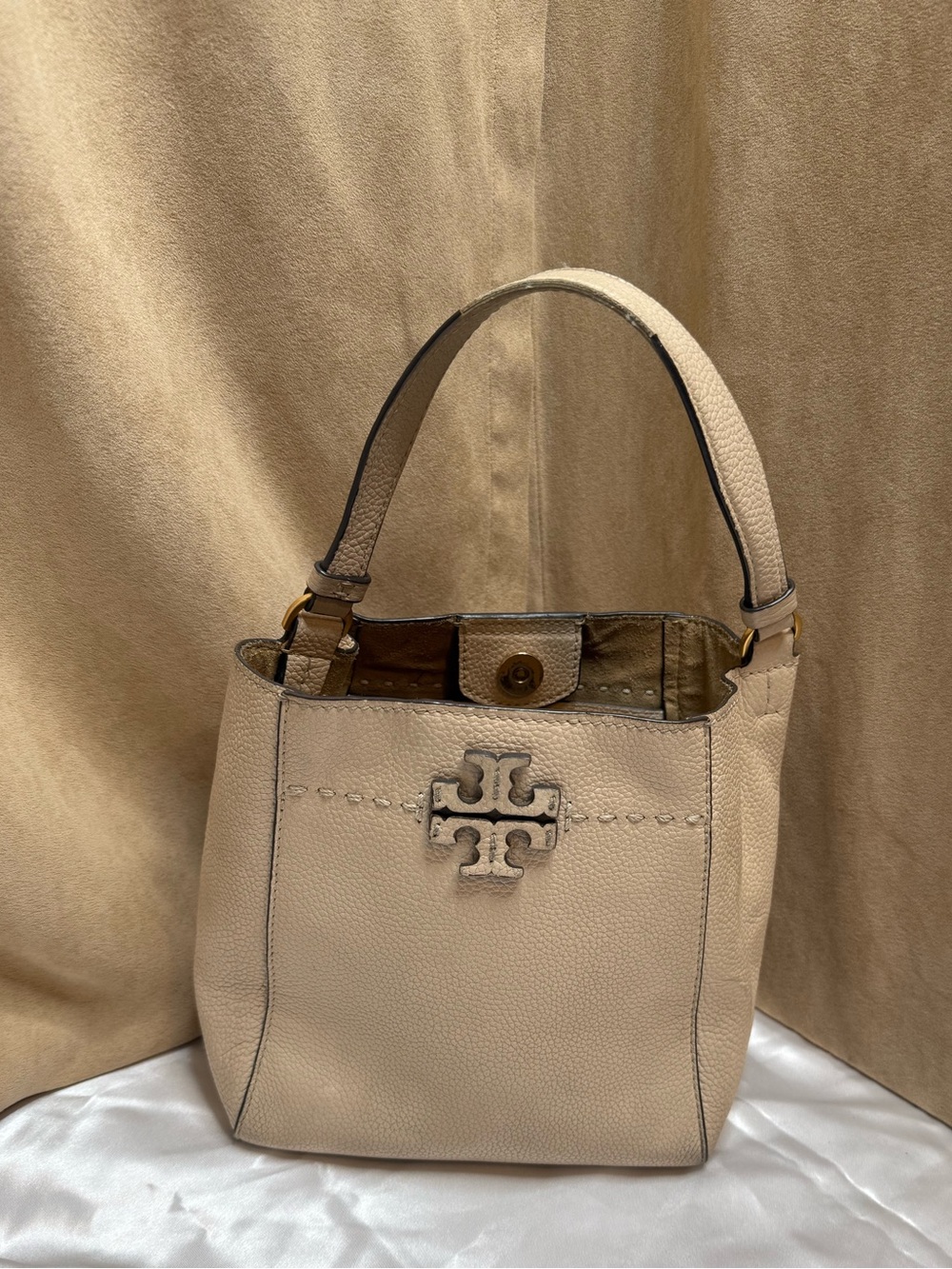 Tory Burch Cream Pebbled Leather Mini Top Handle Bucket Bag